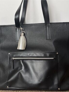 Elegant Black Tote Bag with Silver Tassel